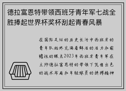 德拉富恩特带领西班牙青年军七战全胜捧起世界杯奖杯刮起青春风暴